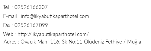 Likya Butik Apart Hotel telefon numaralar, faks, e-mail, posta adresi ve iletiim bilgileri